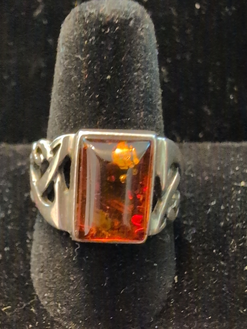 Sterling Silver Amber Rectangle Ring - Rich Amber
